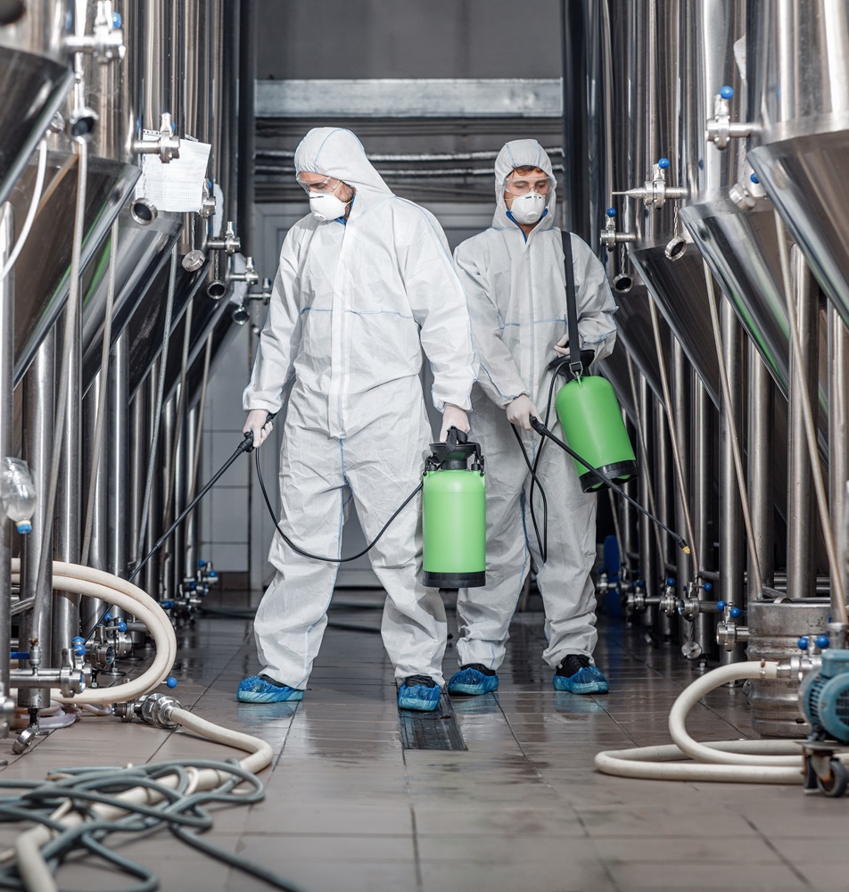 Cleaning and disinfection. Two men in protective suits and spray bag work at plant